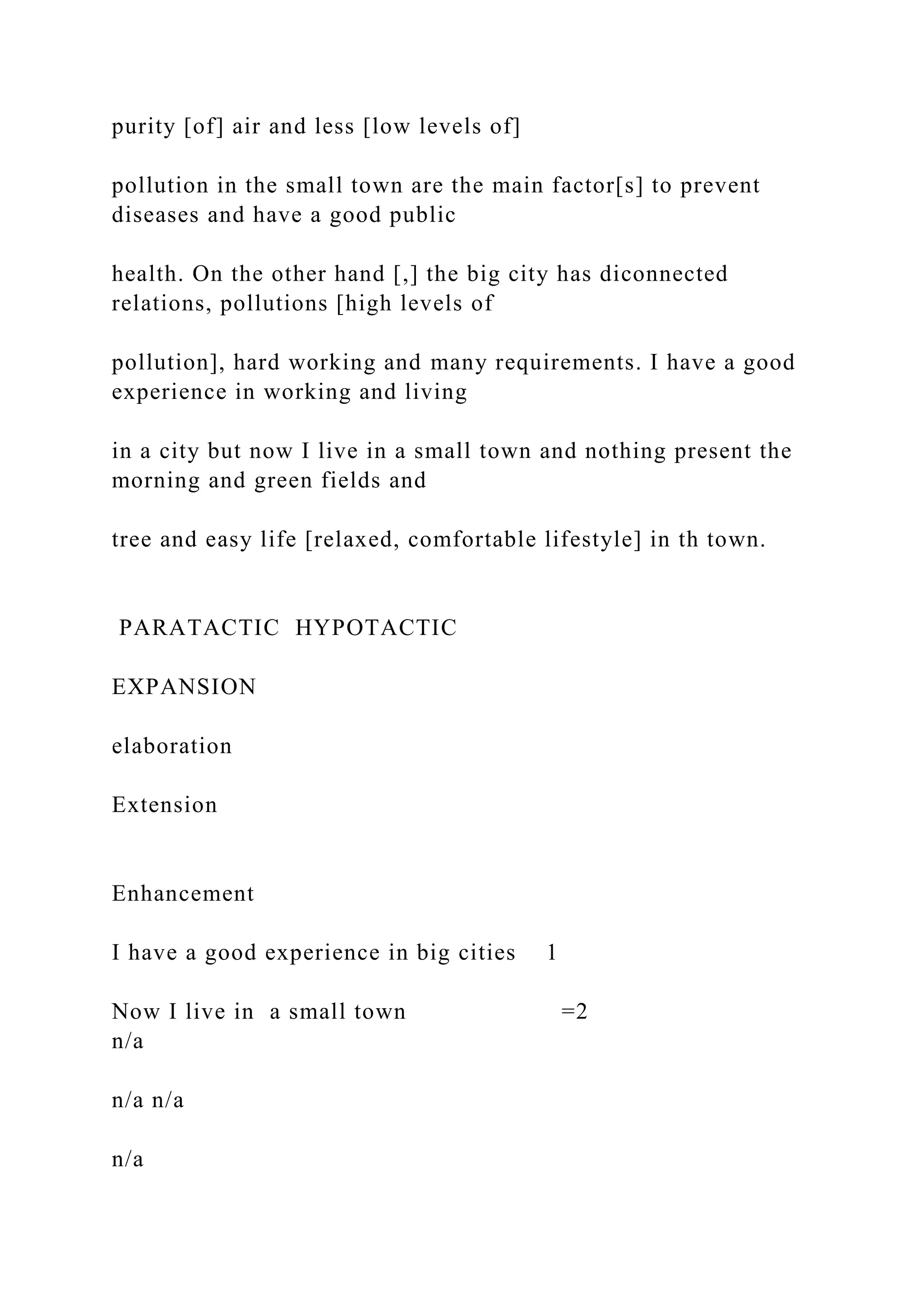 purity [of] air and less [low levels of]
pollution in the small town are the main factor[s] to prevent
diseases and have a good public
health. On the other hand [,] the big city has diconnected
relations, pollutions [high levels of
pollution], hard working and many requirements. I have a good
experience in working and living
in a city but now I live in a small town and nothing present the
morning and green fields and
tree and easy life [relaxed, comfortable lifestyle] in th town.
PARATACTIC HYPOTACTIC
EXPANSION
elaboration
Extension
Enhancement
I have a good experience in big cities 1
Now I live in a small town =2
n/a
n/a n/a
n/a
 