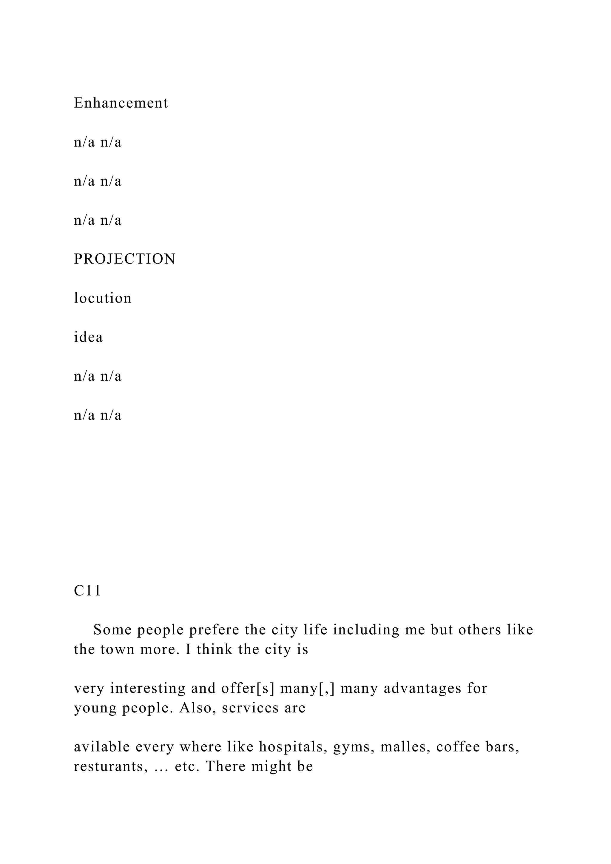 Enhancement
n/a n/a
n/a n/a
n/a n/a
PROJECTION
locution
idea
n/a n/a
n/a n/a
C11
Some people prefere the city life including me but others like
the town more. I think the city is
very interesting and offer[s] many[,] many advantages for
young people. Also, services are
avilable every where like hospitals, gyms, malles, coffee bars,
resturants, … etc. There might be
 