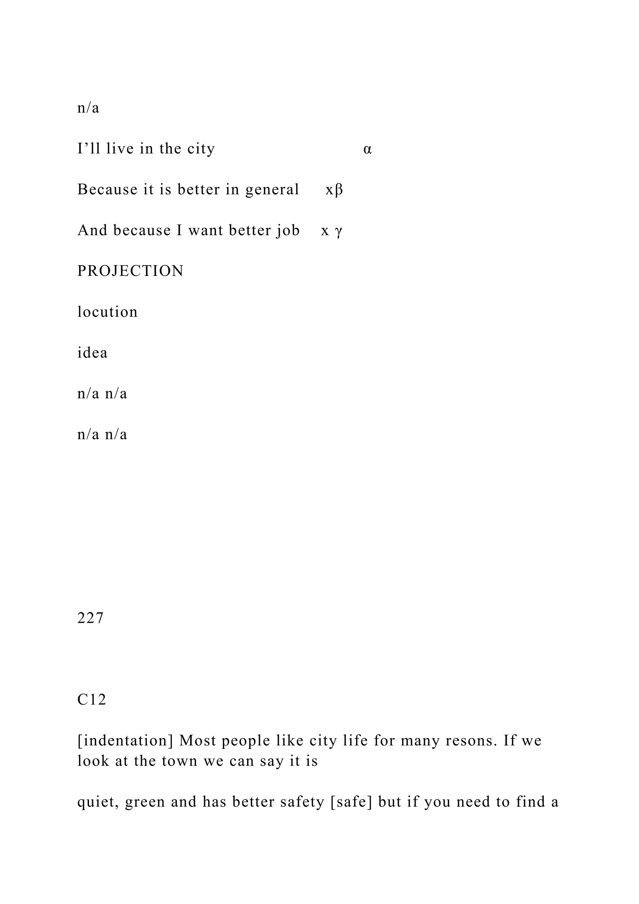 n/a
I’ll live in the city α
Because it is better in general xβ
And because I want better job x γ
PROJECTION
locution
idea
n/a n/a
n/a n/a
227
C12
[indentation] Most people like city life for many resons. If we
look at the town we can say it is
quiet, green and has better safety [safe] but if you need to find a
 