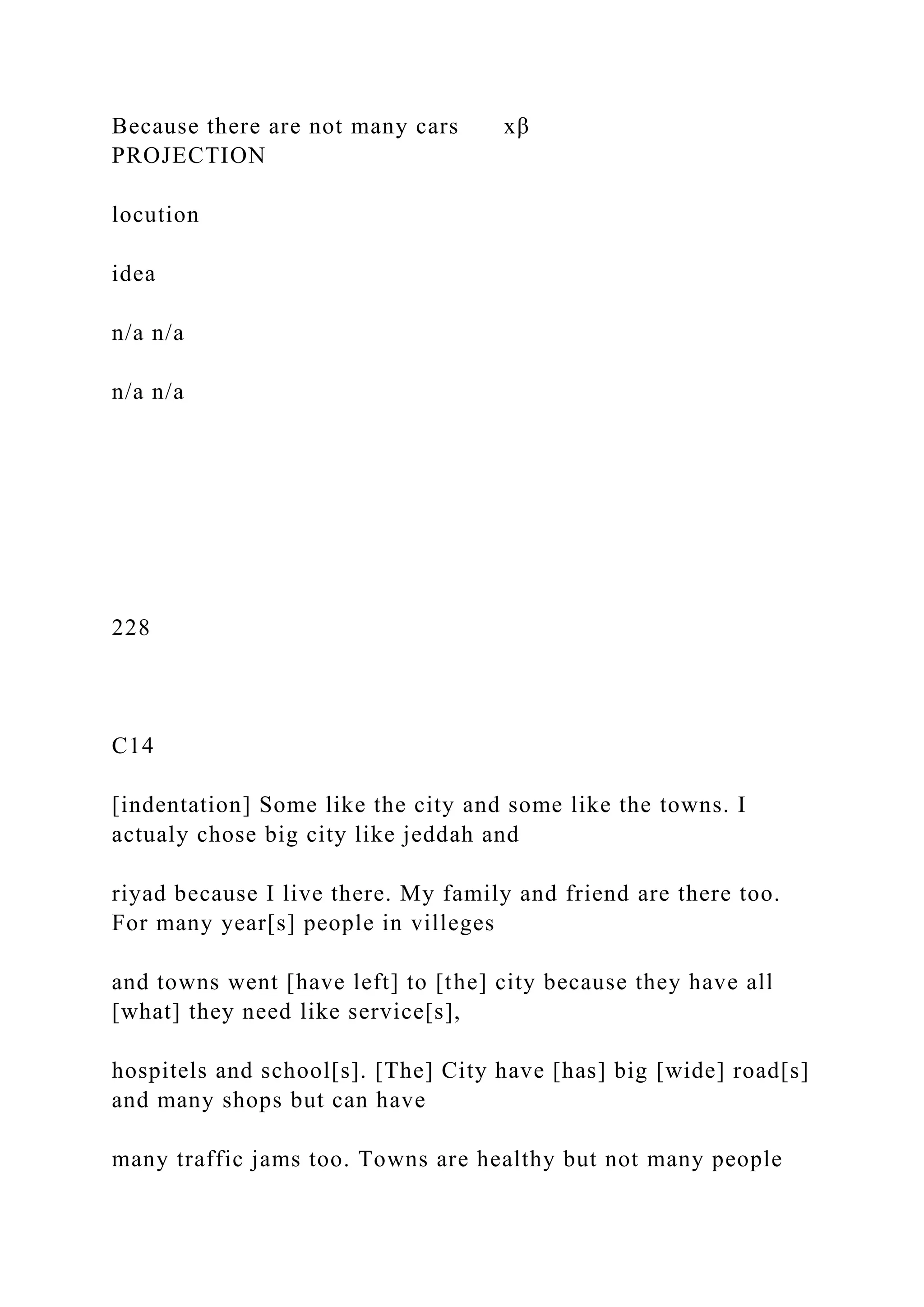 Because there are not many cars xβ
PROJECTION
locution
idea
n/a n/a
n/a n/a
228
C14
[indentation] Some like the city and some like the towns. I
actualy chose big city like jeddah and
riyad because I live there. My family and friend are there too.
For many year[s] people in villeges
and towns went [have left] to [the] city because they have all
[what] they need like service[s],
hospitels and school[s]. [The] City have [has] big [wide] road[s]
and many shops but can have
many traffic jams too. Towns are healthy but not many people
 
