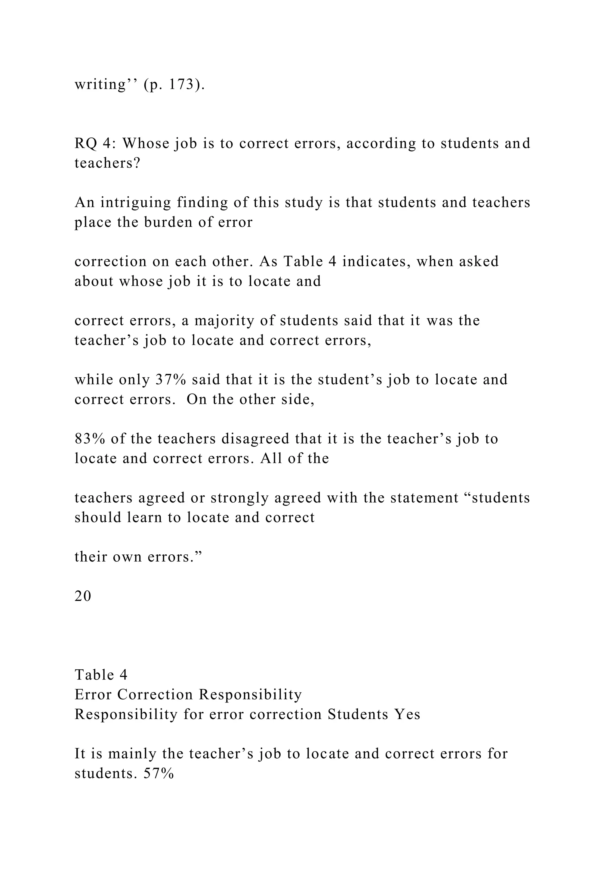 writing’’ (p. 173).
RQ 4: Whose job is to correct errors, according to students and
teachers?
An intriguing finding of this study is that students and teachers
place the burden of error
correction on each other. As Table 4 indicates, when asked
about whose job it is to locate and
correct errors, a majority of students said that it was the
teacher’s job to locate and correct errors,
while only 37% said that it is the student’s job to locate and
correct errors. On the other side,
83% of the teachers disagreed that it is the teacher’s job to
locate and correct errors. All of the
teachers agreed or strongly agreed with the statement “students
should learn to locate and correct
their own errors.”
20
Table 4
Error Correction Responsibility
Responsibility for error correction Students Yes
It is mainly the teacher’s job to locate and correct errors for
students. 57%
 
