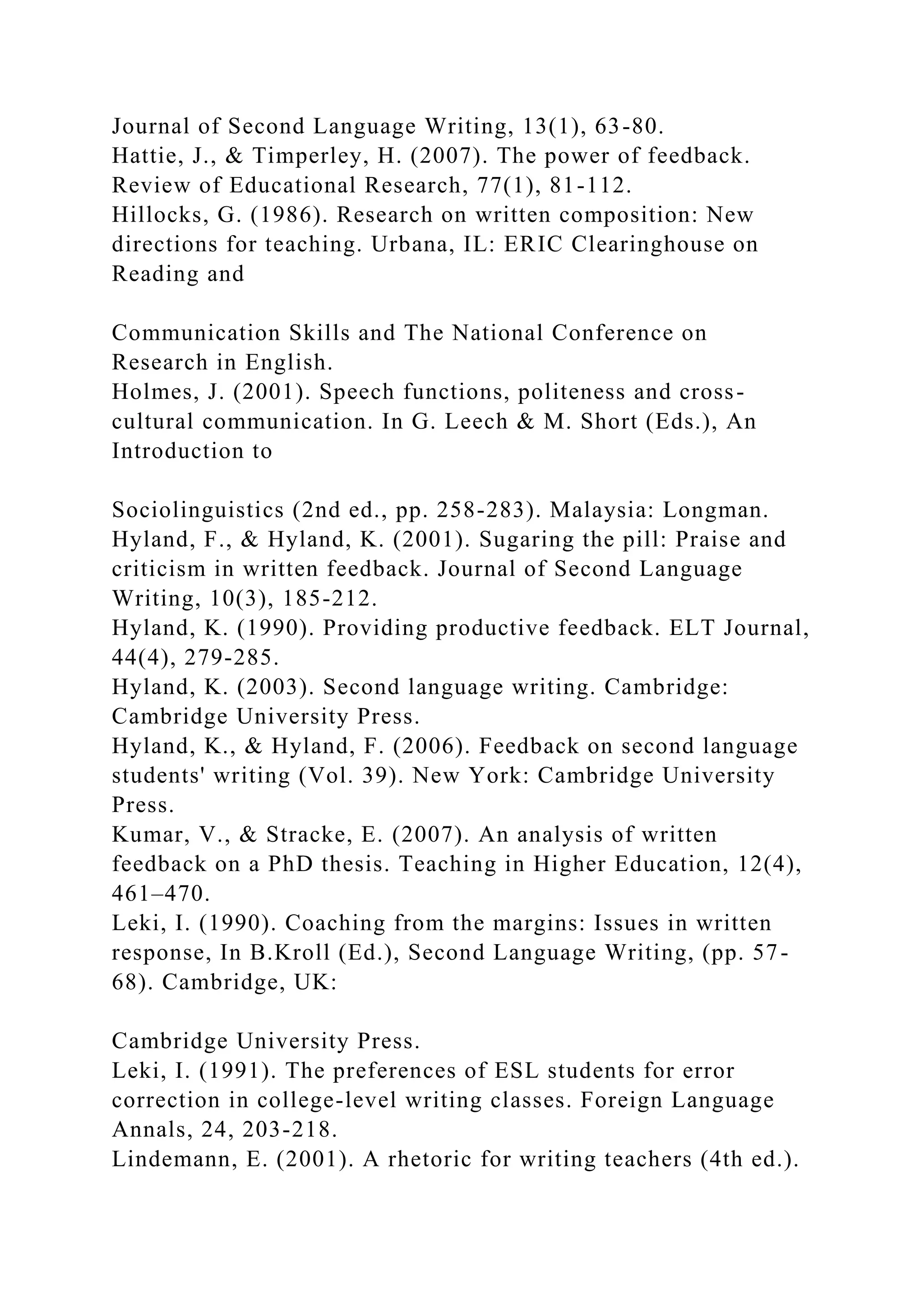 Journal of Second Language Writing, 13(1), 63-80.
Hattie, J., & Timperley, H. (2007). The power of feedback.
Review of Educational Research, 77(1), 81-112.
Hillocks, G. (1986). Research on written composition: New
directions for teaching. Urbana, IL: ERIC Clearinghouse on
Reading and
Communication Skills and The National Conference on
Research in English.
Holmes, J. (2001). Speech functions, politeness and cross-
cultural communication. In G. Leech & M. Short (Eds.), An
Introduction to
Sociolinguistics (2nd ed., pp. 258-283). Malaysia: Longman.
Hyland, F., & Hyland, K. (2001). Sugaring the pill: Praise and
criticism in written feedback. Journal of Second Language
Writing, 10(3), 185-212.
Hyland, K. (1990). Providing productive feedback. ELT Journal,
44(4), 279-285.
Hyland, K. (2003). Second language writing. Cambridge:
Cambridge University Press.
Hyland, K., & Hyland, F. (2006). Feedback on second language
students' writing (Vol. 39). New York: Cambridge University
Press.
Kumar, V., & Stracke, E. (2007). An analysis of written
feedback on a PhD thesis. Teaching in Higher Education, 12(4),
461–470.
Leki, I. (1990). Coaching from the margins: Issues in written
response, In B.Kroll (Ed.), Second Language Writing, (pp. 57-
68). Cambridge, UK:
Cambridge University Press.
Leki, I. (1991). The preferences of ESL students for error
correction in college-level writing classes. Foreign Language
Annals, 24, 203-218.
Lindemann, E. (2001). A rhetoric for writing teachers (4th ed.).
 