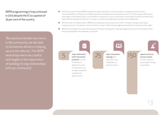 IWPR programming in Iraq continued
in 2014 despite the IS occupation of
35 per cent of the country.
●● Over the course of the year, IWPR produced five major media-policy reform documents in cooperation with local and
international NGOs, the Iraqi Council of Representatives, media groups and individual activists.The reform papers addressed a
wide range of interrelated issues, such as freedom of expression, access to information, and the right to peaceful assembly and
demonstration and were the product of 25 major consultative meetings with Iraqi experts and stakeholders.
●● With the onset of renewed conflict, IWPR Iraq increased journalism outputs and conflict training, including conducting six
training courses for 150 reporters and civic activists on how to effectively leverage social media tools to advance human rights.
●● IWPR continued legal reform work discreetly, with the hope of being able to take advantage of new structures and relationships
that will emerge when the immediate crisis passes.
25 major consultative
meetings with
Iraqi experts and
stakeholders to
advance reforms
5 major media-policy
reform documents
produced on issues
of freedom of
expression, access
to information, and
the right to peaceful
assembly and
demonstration
150 reporters and civic
activists trained
on how to advance
human rights through
social media
“Because bus bombs sow terror
in the community, we decided
to involve bus drivers in helping
secure the vehicles.The IWPR
workshops were very useful
and taught us the importance
of building strong relationships
with our community.”
13
 