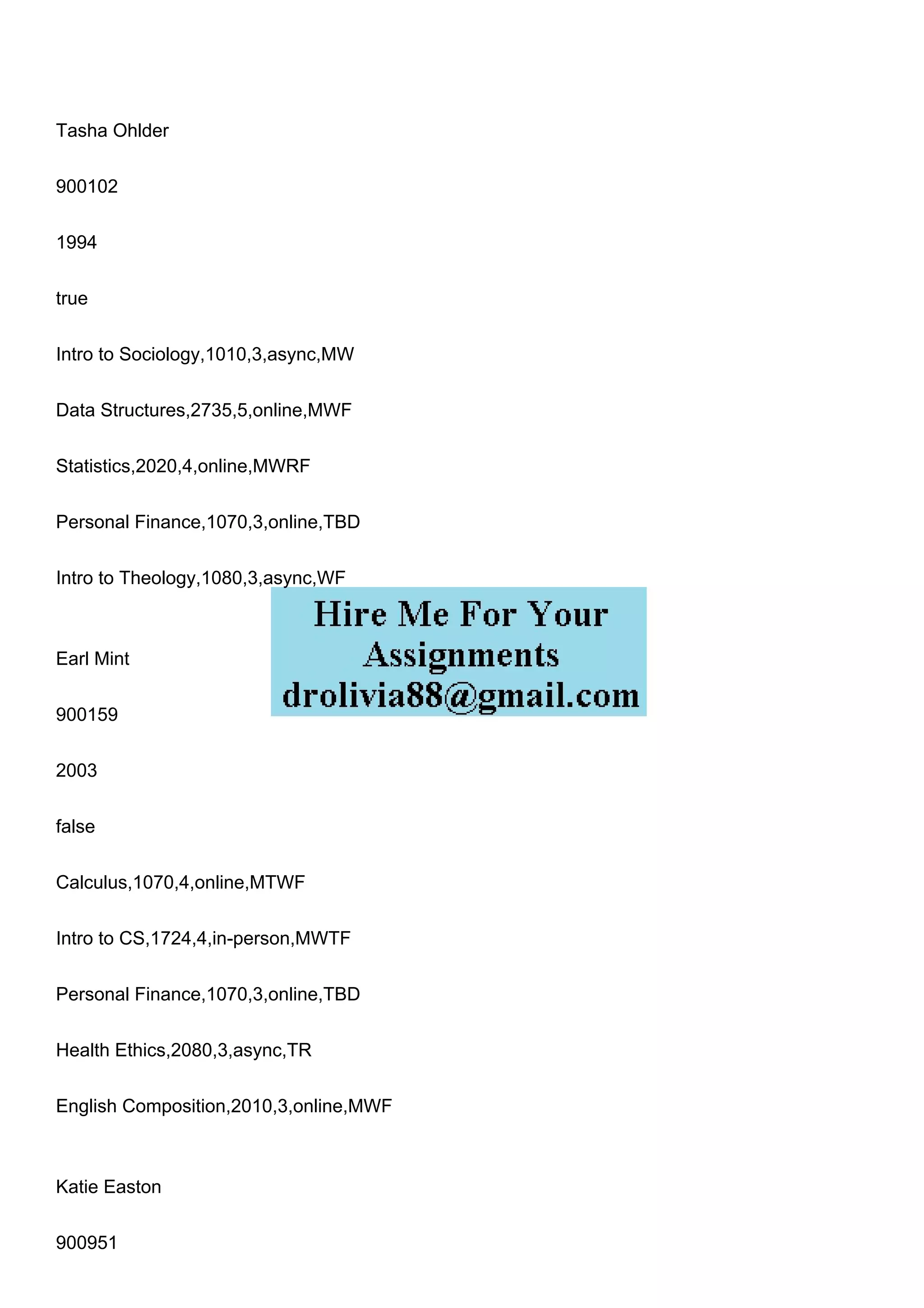 Tasha Ohlder
900102
1994
true
Intro to Sociology,1010,3,async,MW
Data Structures,2735,5,online,MWF
Statistics,2020,4,online,MWRF
Personal Finance,1070,3,online,TBD
Intro to Theology,1080,3,async,WF
Earl Mint
900159
2003
false
Calculus,1070,4,online,MTWF
Intro to CS,1724,4,in-person,MWTF
Personal Finance,1070,3,online,TBD
Health Ethics,2080,3,async,TR
English Composition,2010,3,online,MWF
Katie Easton
900951
 