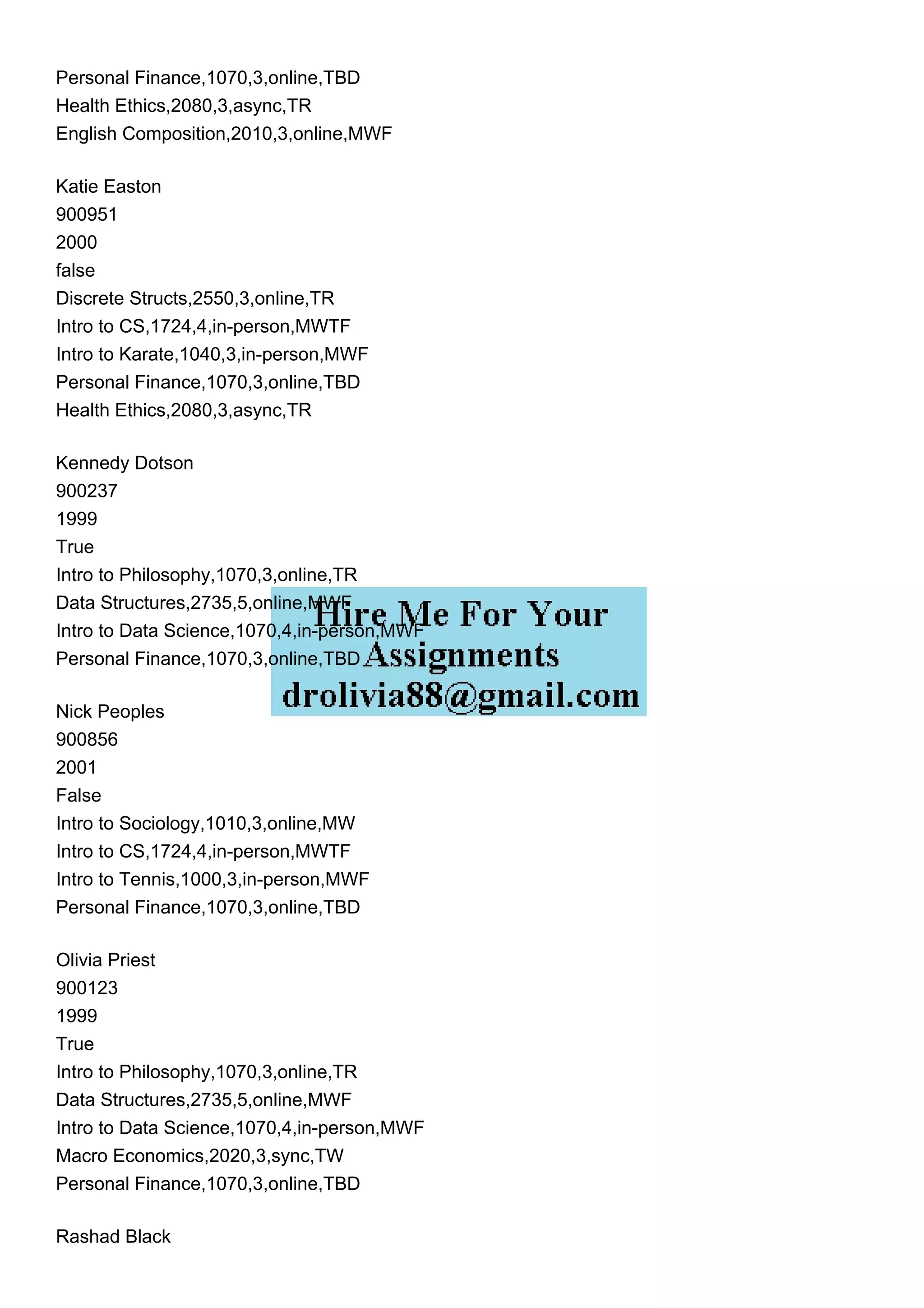 Personal Finance,1070,3,online,TBD
Health Ethics,2080,3,async,TR
English Composition,2010,3,online,MWF
Katie Easton
900951
2000
false
Discrete Structs,2550,3,online,TR
Intro to CS,1724,4,in-person,MWTF
Intro to Karate,1040,3,in-person,MWF
Personal Finance,1070,3,online,TBD
Health Ethics,2080,3,async,TR
Kennedy Dotson
900237
1999
True
Intro to Philosophy,1070,3,online,TR
Data Structures,2735,5,online,MWF
Intro to Data Science,1070,4,in-person,MWF
Personal Finance,1070,3,online,TBD
Nick Peoples
900856
2001
False
Intro to Sociology,1010,3,online,MW
Intro to CS,1724,4,in-person,MWTF
Intro to Tennis,1000,3,in-person,MWF
Personal Finance,1070,3,online,TBD
Olivia Priest
900123
1999
True
Intro to Philosophy,1070,3,online,TR
Data Structures,2735,5,online,MWF
Intro to Data Science,1070,4,in-person,MWF
Macro Economics,2020,3,sync,TW
Personal Finance,1070,3,online,TBD
Rashad Black
 
