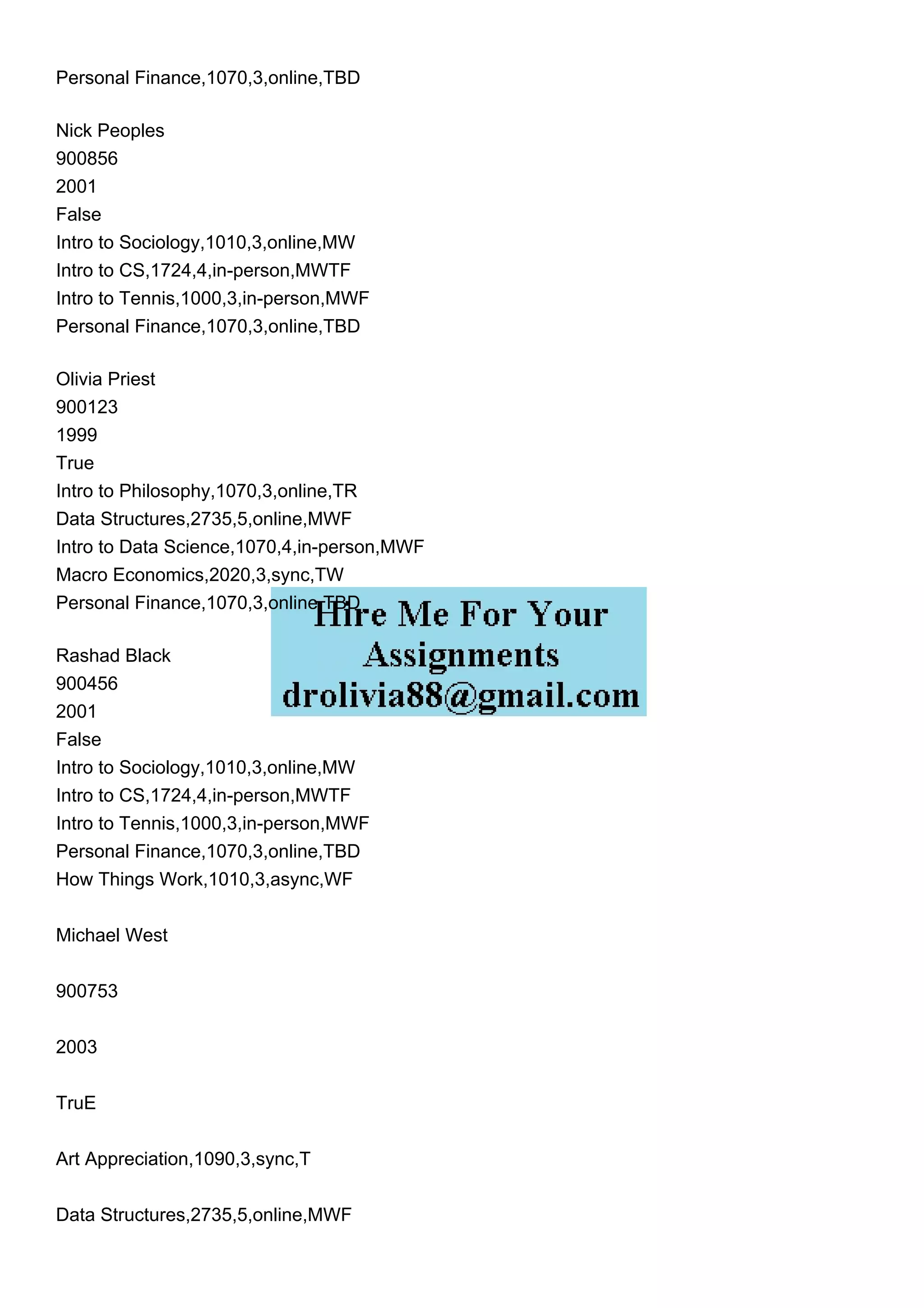 Personal Finance,1070,3,online,TBD
Nick Peoples
900856
2001
False
Intro to Sociology,1010,3,online,MW
Intro to CS,1724,4,in-person,MWTF
Intro to Tennis,1000,3,in-person,MWF
Personal Finance,1070,3,online,TBD
Olivia Priest
900123
1999
True
Intro to Philosophy,1070,3,online,TR
Data Structures,2735,5,online,MWF
Intro to Data Science,1070,4,in-person,MWF
Macro Economics,2020,3,sync,TW
Personal Finance,1070,3,online,TBD
Rashad Black
900456
2001
False
Intro to Sociology,1010,3,online,MW
Intro to CS,1724,4,in-person,MWTF
Intro to Tennis,1000,3,in-person,MWF
Personal Finance,1070,3,online,TBD
How Things Work,1010,3,async,WF
Michael West
900753
2003
TruE
Art Appreciation,1090,3,sync,T
Data Structures,2735,5,online,MWF
 