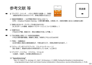 参考⽂献等 
1『アイデア・スイッチ〜次々と発想する装置〜』（拙著） 
（創造的思考のためのガイドや、多様な発想の⽅法など） 
2『創造的問題解決― なぜ問題が解決できないのか？』 
（CPS – Creative Problem Solving - の教科書的書籍。⽰唆深いが、本質を理解に⾄るには実践が必要） 
3『創造⼒を⽣かす―アイディアを得る38の⽅法』 
（A.オズボーンの著書。創造的イマジネーションについて⽰唆深い。） 
4『図解TRIZ』 
（TRIZの⼊⾨書。絶版だが、現在の書籍の中良い⼊⾨書。） 
5『TRIZ実践と効⽤（１）体系的技術⾰新』 
（TRIZの教科書的書籍。網羅的に解説。本格的にやる⼈のための本） 
7『考具』（加藤昌治） 
（広告代理店に勤める著者加藤⽒が、平易な語り⼝で、多様な発想⼿法を紹介。） 
8『スウェーデン式アイデアブック』（フレドリック･ヘレーン） 
（短い⾔葉で、創造的な営みの本質を紹介している本。1と2あり） 
9『アイデア・バイブル』（マイケル・マハルコ） 
（左脳的、右脳的、の多様な発想技法など） 
10 “Speedstorming” 
関連書 
Hey, J. G., Joyce, C. K., Jennings, K. E., Kalil, T., & Grossman, J. C. (2009). Putting the Discipline in Interdisciplinary 
: Using Speedstorming to Teach and Initiate Creative Collaboration in Nanoscience. Journal of NanoEducation, 1, 75‐85. 
102 
 