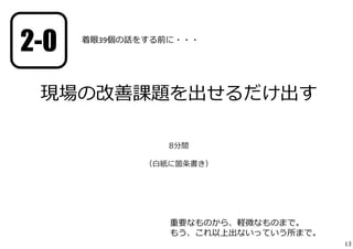 着眼39個の話をする前に・・・ 
現場の改善課題を出せるだけ出す 
8分間 
（⽩紙に箇条書き） 
重要なものから、軽微なものまで。 
もう、これ以上出ないっていう所まで。 
2-0 
13 
 