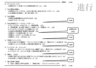 ━━━━━━━━━━━━━━━━━━━━━━━━━━━━━━━━━━━ （開始） 13:00 
０「アイスブレイク」 
◎発想のカードを⽤いて⼯夫発想を競うゲーム〜（20） 
１「TRIZ理論の概論」 
◎技術的なブレイクスルーの中に繰り返し⾒出される「パターン」（10） 
◎TRIZ理論の全体像と、良く使う部分（5） 
２「39の着眼」 
◎現場の改善課題を出せるだけ出す（10） 
◎39のパラメータ（15） 
３「40の技術的ブレークスルーパターン」 
◎ブレイクスルーの40パターン（発明原理）（10） 
◎「発明原理」を⼤幅に意訳して⼿軽にした「智慧カード」（10） 
◎アイスブレイクのゲームの意味づけ（5） 
◎本格的な発想事例“発電所の復⽔器”（20） 
◎智慧カードの単純な使い⽅（15） 
◎智慧カードのチームでの使い⽅（15） 
◎智慧カードの、⼊⼿⽅法（5） 
４「⽭盾マトリックス」 
◎⾃分の⾒つけた課題を、“マトリックス”に写像して、解決パターンを⾒出す（15） 
◎⽭盾マトリックスを使って解決策を発想する（15） 
５「１パラメータ・メソッド」 
◎“改良したいポイントしか分からない課題”に対し、解決パターンを⾒出す（15） 
◎１パラメータ・メソッドを使って解決策を発想する（15） 
６「補⾜」（10分） 
◎直感で選り分ける⽅法と⽭盾マトリックスを使う⽅法の使い分けについて（5） 
◎TRIZを使って発想する時のポイント（5） 
７（残り時間で実施） 
◎「Q&A（創造⼯学的な回答）」「属性分析」「ブレインライティング」 
━━━━━━━━━━━━━━━━━━━━━━━━━━━━━━━━━━━ （終了） 17:00 
進行 
1400 
休憩10分 
1455 
1530 
1600 
1630 
1640 
2 
 