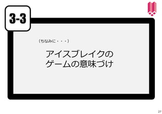 アイスブレイクの 
ゲームの意味づけ 
3-3 
（ちなみに・・・） 
27 
 