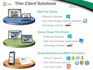Thin Client Solutions
Platforms: Agnostic
Host: Web Browser agnostic
Technology: HTML5
Platforms: Windows
Host: Secure Vie...