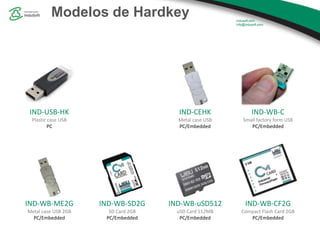 Modelos de Hardkey
IND-CEHK
Metal case USB
PC/Embedded
IND-WB-C
Small factory form USB
PC/Embedded
IND-WB-ME2G
Metal case USB 2GB
PC/Embedded
IND-WB-SD2G
SD Card 2GB
PC/Embedded
IND-WB-uSD512
uSD Card 512MB
PC/Embedded
IND-WB-CF2G
Compact Flash Card 2GB
PC/Embedded
IND-USB-HK
Plastic case USB
PC
 