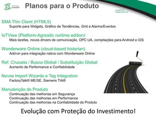 SMA Thin Client (HTML5)
Suporte para Widgets, Gráfico de Tendências, Grid e Alarms/Eventos
IoTView (Platform-Agnostic runtime edition)
Mais tarefas, novos drivers de comunicação, OPC UA, compilações para Android e iOS
Wonderware Online (cloud-based historian)
Add-on para integração nativa com Wonderware Online
Ref. Cruzada / Busca Global / Substituição Global
Aumento de Performance e Confiabilidade
Novos Import Wizards e Tag Integration
FactoryTalk® ME/SE, Siemens TIA®
Manutenção do Produto
Continuação das melhorias em Segurança
Continuação das melhorias em Performance
Continuação das melhorias na Confiabilidade do Produto
Planos para o Produto
Evolução com Proteção do Investimento!
 