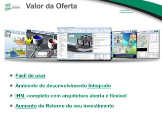 Fácil de usar
Ambiente de desenvolvimento Integrado
IHM completo com arquitetura aberta e flexível
Aumento do Retorno do seu investimento
Valor da Oferta
 