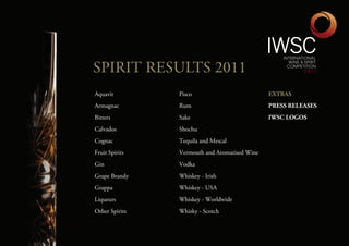 SPIRIT ReSULTS 2011
Aquavit         Pisco                          Extras
Armagnac        Rum                            PrEss rElEasEs
Bitters         Sake                           IWsC logos
Calvados        Shochu
Cognac          Tequila and Mescal
Fruit Spirits   Vermouth and Aromatised Wine
Gin             Vodka
Grape Brandy    Whiskey - Irish
Grappa          Whiskey - USA
Liqueurs        Whiskey - Worldwide
Other Spirits   Whisky - Scotch
 