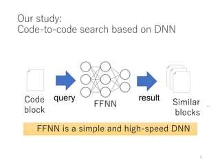 Our study:
Code-to-code search based on DNN
11FFNN
Code
block
Similar
blocks
query result
FFNN is a simple and high-speed DNN
11
 