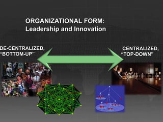 ORGANIZATIONAL FORM:
        Leadership and Innovation


DE-CENTRALIZED,                      CENTRALIZED,
―BOTTOM-UP‖                         ―TOP-DOWN‖
 