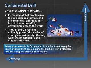 Continental Drift




                                                                  CENTRALIZED
This is a world in which…
  Increasing global problems—
  terror, economic turmoil, and
  environmental degradation—
  lead to the return of big
  government across the world
  Though the US remains
  militarily powerful, a series of
  strategic missteps significantly
  weakens its economic and
  cultural influence

Major governments in Europe and Asia raise taxes to pay for
large infrastructure projects intended to kick-start a stagnant
and more regionalized world economy.


   BORDERED
 
