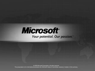 © 2006 Microsoft Corporation. All rights reserved.
This presentation is for informational purposes only. Microsoft makes no warranties, express or implied, in this summary.
 
