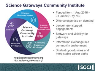 Science Gateways Community Institute
•  Funded from 1 Aug 2016 –
31 Jul 2021 by NSF
•  Diverse expertise on demand
•  Long...