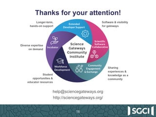 Thanks for your attention!
help@sciencegateways.org
http://sciencegateways.org/
16
 