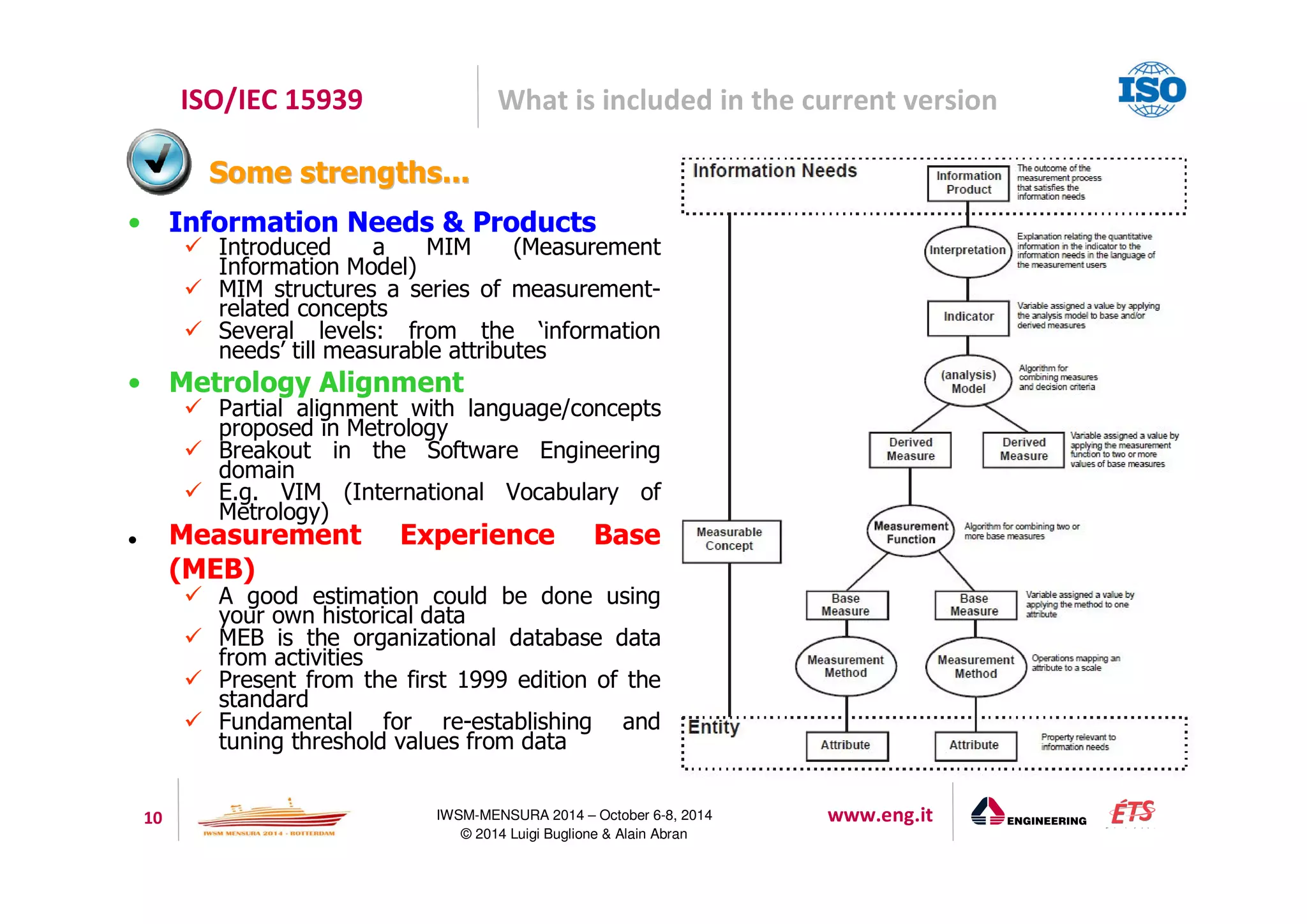ISO/IEC 15939 What is included in the current version 
SSoommee ssttrreennggtthhss...... 
• Information Needs  Products 
 Introduced a MIM (Measurement 
10 IWSM-MENSURA 2014 – October 6-8, 2014 www.eng.it 
© 2014 Luigi Buglione  Alain Abran 
Information Model) 
 MIM structures a series of measurement-related 
concepts 
 Several levels: from the ‘information 
needs’ till measurable attributes 
• Metrology Alignment 
 Partial alignment with language/concepts 
proposed in Metrology 
 Breakout in the Software Engineering 
domain 
 E.g. VIM (International Vocabulary of 
Metrology) 
 Measurement Experience Base 
(MEB) 
 A good estimation could be done using 
your own historical data 
 MEB is the organizational database data 
from activities 
 Present from the first 1999 edition of the 
standard 
 Fundamental for re-establishing and 
tuning threshold values from data 
 