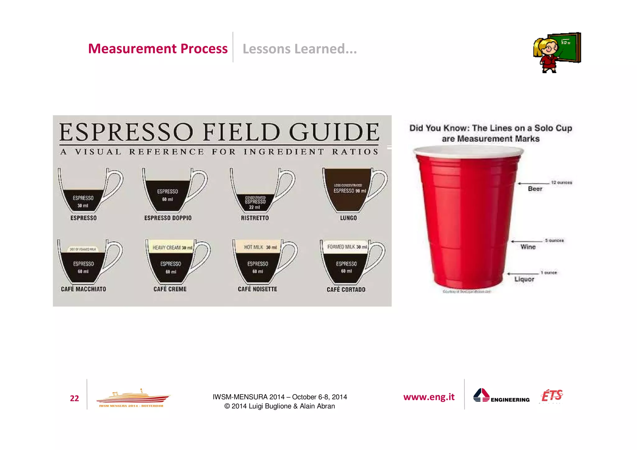 Measurement Process Lessons Learned... 
22 IWSM-MENSURA 2014 – October 6-8, 2014 www.eng.it 
© 2014 Luigi Buglione  Alain Abran 
 