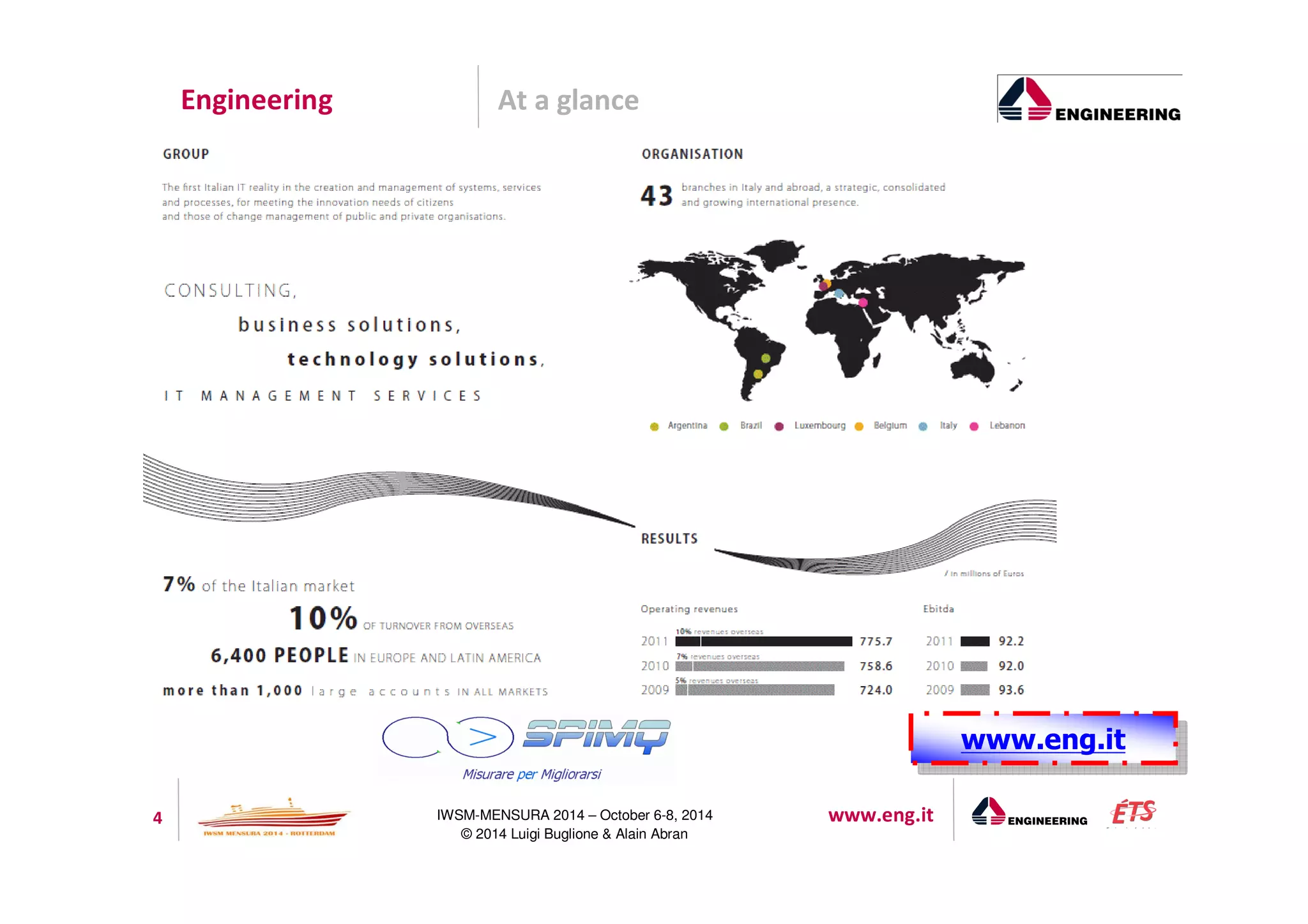Engineering At a glance 
4 IWSM-MENSURA 2014 – October 6-8, 2014 www.eng.it 
© 2014 Luigi Buglione  Alain Abran 
wwwwww.e.enngg.i.tit 
 