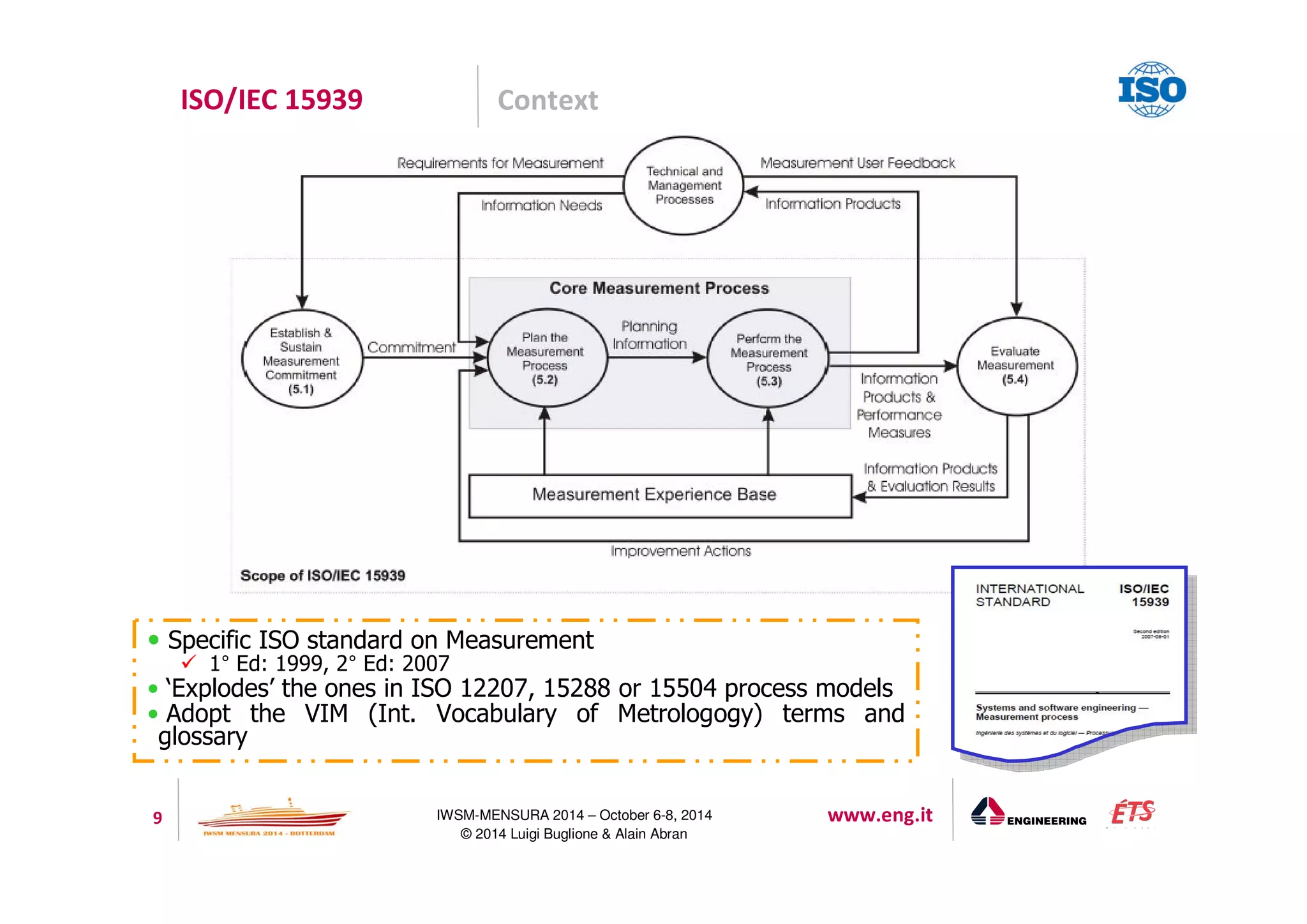 ISO/IEC 15939 Context 
• Specific ISO standard on Measurement 
9 IWSM-MENSURA 2014 – October 6-8, 2014 www.eng.it 
© 2014 Luigi Buglione  Alain Abran 
 1° Ed: 1999, 2° Ed: 2007 
• ‘Explodes’ the ones in ISO 12207, 15288 or 15504 process models 
• Adopt the VIM (Int. Vocabulary of Metrologogy) terms and 
glossary 
 