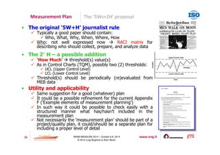 Measurement Plan The ‘5Ws+2H’ proposal 
• The original ‘5W+H’ journalist rule 
 Typically a good paper should contain: 
 Who, What, Why, When, Where, How 
 Who: not well expressed now  RACI matrix for 
describing who should collect, prepare, and analyze data 
• The 2° H – a possible addition 
 ‘How Much’  threshold(s) value(s) 
 As in Control Charts (TQM), possibly two (2) thresholds: 
 UCL (Upper Control Level) 
 LCL (Lower Control Level) 
 Threshold(s) should be periodically (re)evaluated from 
16 IWSM-MENSURA 2014 – October 6-8, 2014 www.eng.it 
© 2014 Luigi Buglione  Alain Abran 
MEB data 
• Utility and applicability 
 Same suggestion for a good (whatever) plan 
 It could be a possible refinement for the current Appendix 
F (‘Example elements of measurement planning’) 
 In such way it could be possible to check easily with a 
structured manner what has/hasn’t included in the 
measurement plan 
 Not necessarily the ‘measurement plan’ should be part of a 
project/quality plan, it could/should be a separate plan for 
including a proper level of detail 
 