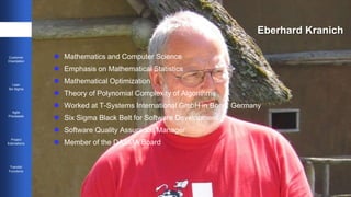 Eberhard Kranich 
3 
Customer 
Orientation 
Lean 
Six Sigma 
Agile 
Processes 
Project 
Estimations 
Transfer 
Functions 
 Mathematics and Computer Science 
 Emphasis on Mathematical Statistics 
 Mathematical Optimization 
 Theory of Polynomial Complexity of Algorithms 
 Worked at T-Systems International GmbH in Bonn, Germany 
Working at T-Systems International GmbH in Bonn, Germany 
 Six Sigma Black Belt for Software Development 
 Software Quality Assurance Manager 
 Member of the DASMA Board 
 