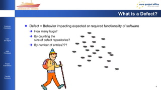 4 
Customer 
Orientation 
Lean 
Six Sigma 
Agile 
Processes 
Project 
Estimations 
Transfer 
Functions 
What is a Defect? 
 Defect = Behavior impacting expected or required functionality of software 
 How many bugs? 
 By counting the 
size of defect repositories? 
 By number of entries??? 
 