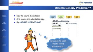 7 
Customer 
Orientation 
Lean 
Six Sigma 
Agile 
Processes 
Project 
Estimations 
Transfer 
Functions 
Defects Density Prediction? 
 Now he counts the defects! 
 And counts and adjusts test size 
 By ISO/IEC 19761 COSMIC 
Functional 
Process 
Other 
Application 
Some 
Device 
8.// Move some data 
9.// Move some data 
10.// Move some data 
11.// Move some data 
Other 
Device 
How does he know 
that he found 
all the defects? 
 