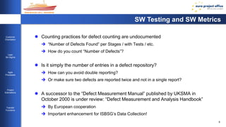 9 
Customer 
Orientation 
Lean 
Six Sigma 
Agile 
Processes 
Project 
Estimations 
Transfer 
Functions 
SW Testing and SW Metrics 
 Counting practices for defect counting are undocumented 
 “Number of Defects Found” per Stages / with Tests / etc. 
 How do you count “Number of Defects”? 
 Is it simply the number of entries in a defect repository? 
 How can you avoid double reporting? 
 Or make sure two defects are reported twice and not in a single report? 
 A successor to the “Defect Measurement Manual” published by UKSMA in 
October 2000 is under review: “Defect Measurement and Analysis Handbook” 
 By European cooperation 
 Important enhancement for ISBSG’s Data Collection! 
 