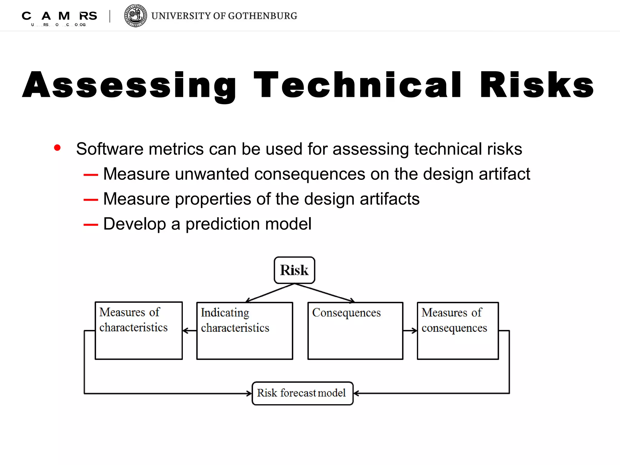 Assessing Technical Risks 
• Software metrics can be used for assessing technical risks 
– Measure unwanted consequences on the design artifact 
– Measure properties of the design artifacts 
– Develop a prediction model 
 