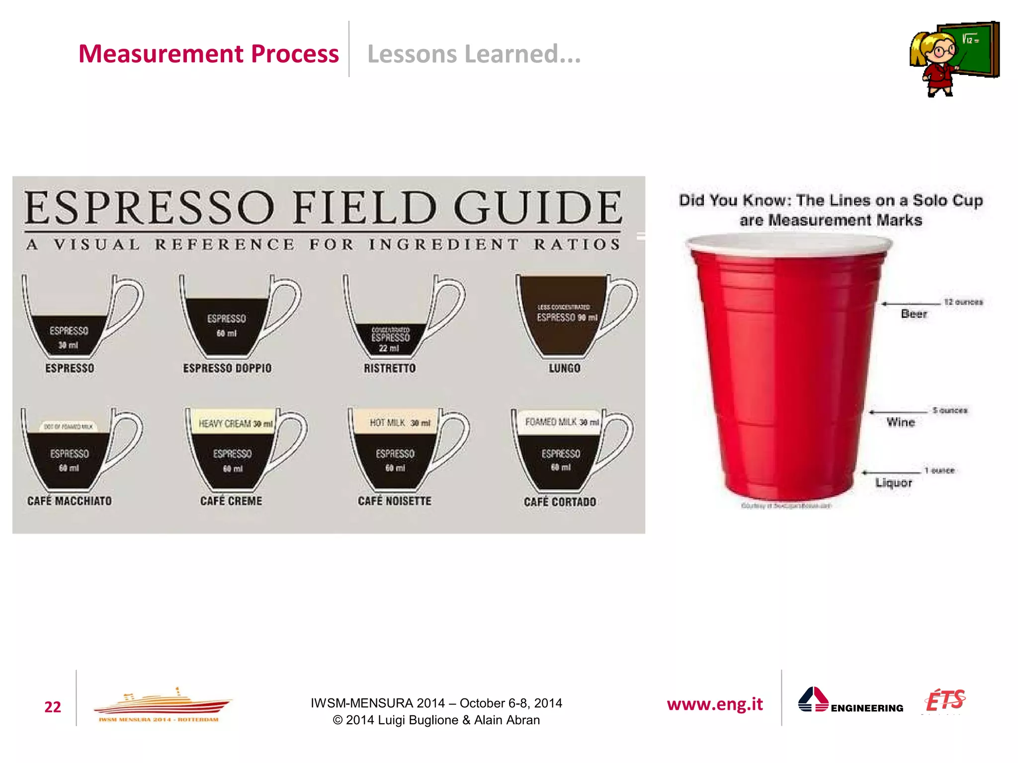 Measurement Process Lessons Learned... 
22 IWSM-MENSURA 2014 – October 6-8, 2014 www.eng.it 
© 2014 Luigi Buglione & Alain Abran 
 