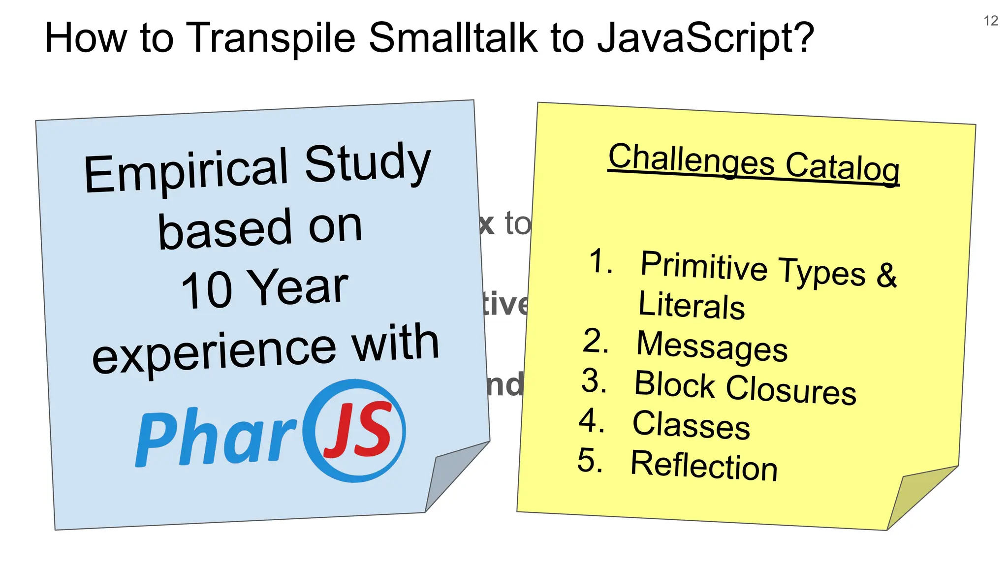 ○ Map Smalltalk’s syntax to JavaScript?
○ Map Smalltalk’s reflective kernel to JavaScript?
○ Handle Smalltalk dependencies with the runtime?
12
How to Transpile Smalltalk to JavaScript?
Challenges Catalog
1. Primitive Types &
Literals
2. Messages
3. Block Closures
4. Classes
5. Reflection
Empirical Study
based on
10 Year
experience with
 
