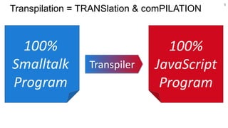 5
Transpilation = TRANSlation & comPILATION
Transpiler
100%
Smalltalk
Program
100%
JavaScript
Program
 