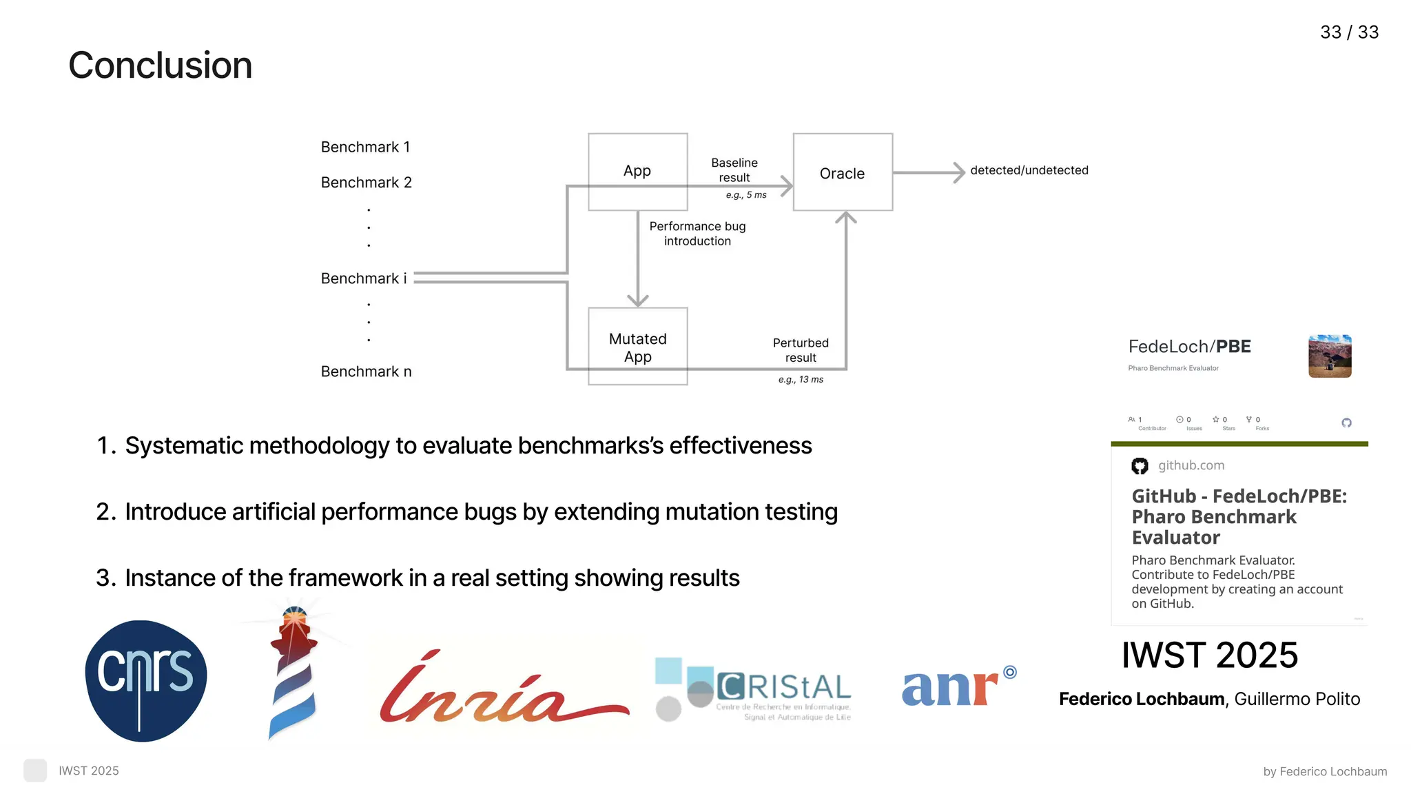 IWST 2025 Federico Lochbaum, Guillermo Polito Conclusion by Federico Lochbaum IWST 2025 Systematic methodology to evaluate benchmarks’s effectiveness Introduce artificial performance bugs by extending mutation testing Instance of the framework in a real setting showing results 33 / 33 