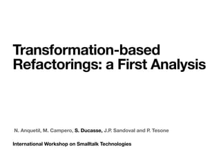 N. Anquetil, M. Campero, S. Ducasse, J.P. Sandoval and P. Tesone
Transformation-based
Refactorings: a First Analysis
International Workshop on Smalltalk Technologies
 