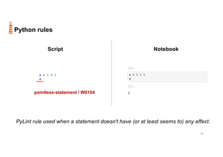 20
Python rules
Script Notebook
a = 1 + 1
a
pointless-statement / W0104
PyLint rule used when a statement doesn't have (or at least seems to) any effect.
 