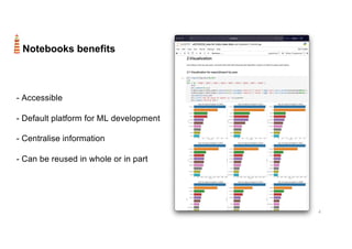 4
Notebooks benefits
- Accessible
- Default platform for ML development
- Centralise information
- Can be reused in whole or in part
 