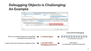 10
Debugging Objects is Challenging:
An Example
There is an OrderedCollection instantiated
somewhere during that call.
“I ...