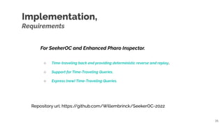 For SeekerOC and Enhanced Pharo Inspector.
○ Time-traveling back end providing deterministic reverse and replay.
○ Support...
