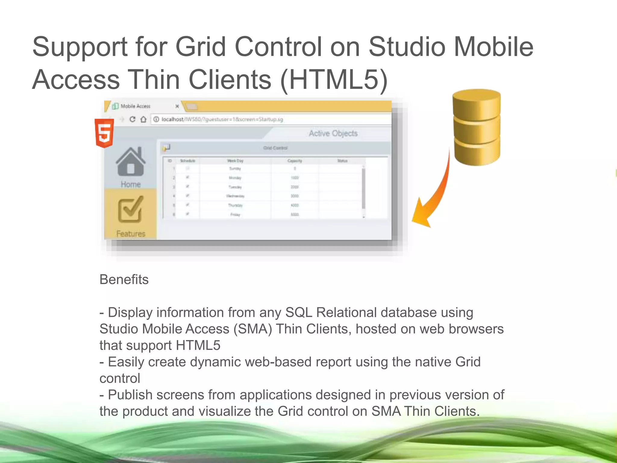 Support for Grid Control on Studio Mobile
Access Thin Clients (HTML5)
Benefits
- Display information from any SQL Relational database using
Studio Mobile Access (SMA) Thin Clients, hosted on web browsers
that support HTML5
- Easily create dynamic web-based report using the native Grid
control
- Publish screens from applications designed in previous version of
the product and visualize the Grid control on SMA Thin Clients.
 