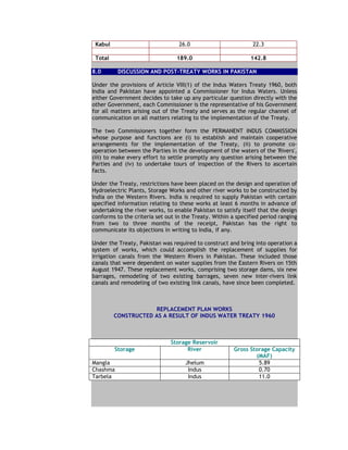 Kabul 26.0 22.3
Total 189.0 142.8
8.0 DISCUSSION AND POST-TREATY WORKS IN PAKISTAN
Under the provisions of Article VIII(1) of the Indus Waters Treaty 1960, both
India and Pakistan have appointed a Commissioner for Indus Waters. Unless
either Government decides to take up any particular question directly with the
other Government, each Commissioner is the representative of his Government
for all matters arising out of the Treaty and serves as the regular channel of
communication on all matters relating to the implementation of the Treaty.
The two Commissioners together form the PERMANENT INDUS COMMISSION
whose purpose and functions are (i) to establish and maintain cooperative
arrangements for the implementation of the Treaty, (ii) to promote co-
operation between the Parties in the development of the waters of the 'Rivers',
(iii) to make every effort to settle promptly any question arising between the
Parties and (iv) to undertake tours of inspection of the Rivers to ascertain
facts.
Under the Treaty, restrictions have been placed on the design and operation of
Hydroelectric Plants, Storage Works and other river works to be constructed by
India on the Western Rivers. India is required to supply Pakistan with certain
specified information relating to these works at least 6 months in advance of
undertaking the river works, to enable Pakistan to satisfy itself that the design
conforms to the criteria set out in the Treaty. Within a specified period ranging
from two to three months of the receipt, Pakistan has the right to
communicate its objections in writing to India, if any.
Under the Treaty, Pakistan was required to construct and bring into operation a
system of works, which could accomplish the replacement of supplies for
irrigation canals from the Western Rivers in Pakistan. These included those
canals that were dependent on water supplies from the Eastern Rivers on 15th
August 1947. These replacement works, comprising two storage dams, six new
barrages, remodeling of two existing barrages, seven new inter-rivers link
canals and remodeling of two existing link canals, have since been completed.
REPLACEMENT PLAN WORKS
CONSTRUCTED AS A RESULT OF INDUS WATER TREATY 1960
Storage Reservoir
Storage River Gross Storage Capacity
(MAF)
Mangla Jhelum 5.89
Chashma Indus 0.70
Tarbela Indus 11.0
 