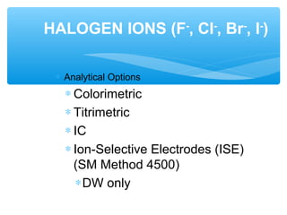 ∗ Analytical Options
∗ Colorimetric
∗ Titrimetric
∗ IC
∗ Ion-Selective Electrodes (ISE)
(SM Method 4500)
∗DW only
HALOGEN IONS (F-
, Cl-
, Br-
, I-
)
 