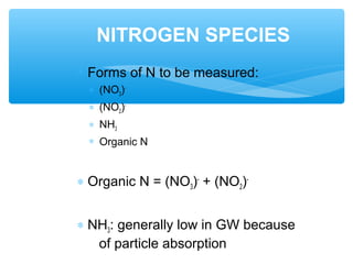 ∗ Forms of N to be measured:
∗ (NO3)-
∗ (NO2)-
∗ NH3
∗ Organic N
∗ Organic N = (NO3)-
+ (NO2)-
∗ NH3: generally low in GW because
of particle absorption
NITROGEN SPECIES
 