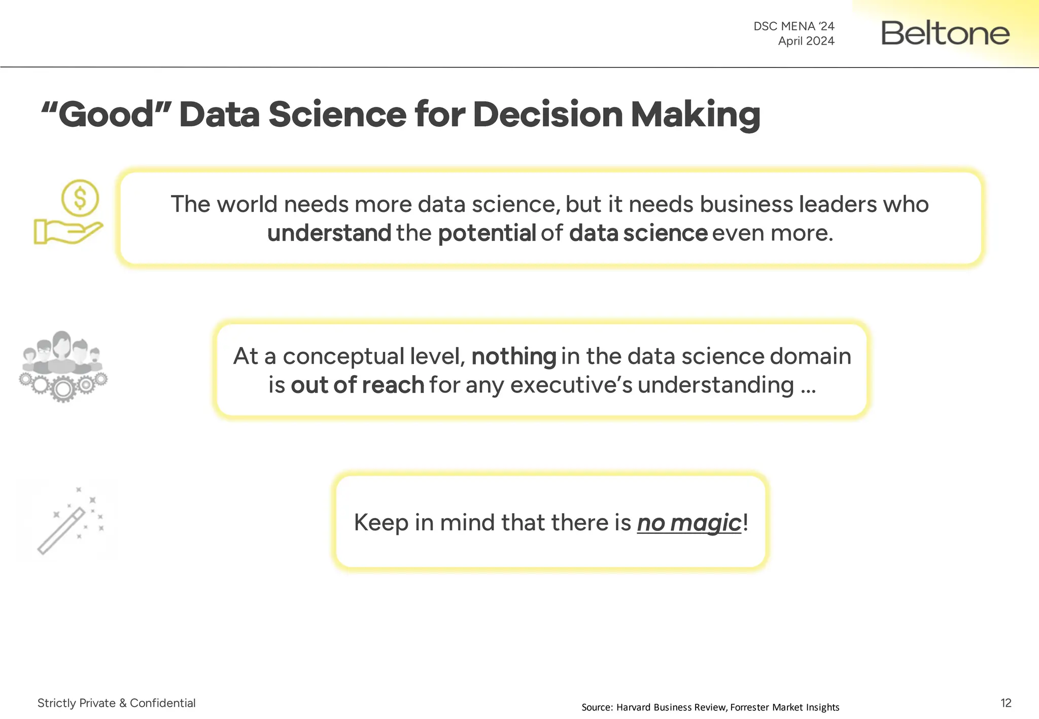 12
DSC MENA ‘24
April 2024
Strictly Private & Confidential
At a conceptual level, nothing in the data science domain
is out of reach for any executive’s understanding ...
Source: Harvard Business Review, Forrester Market Insights
The world needs more data science, but it needs business leaders who
understand the potential of data science even more.
Keep in mind that there is no magic!
 