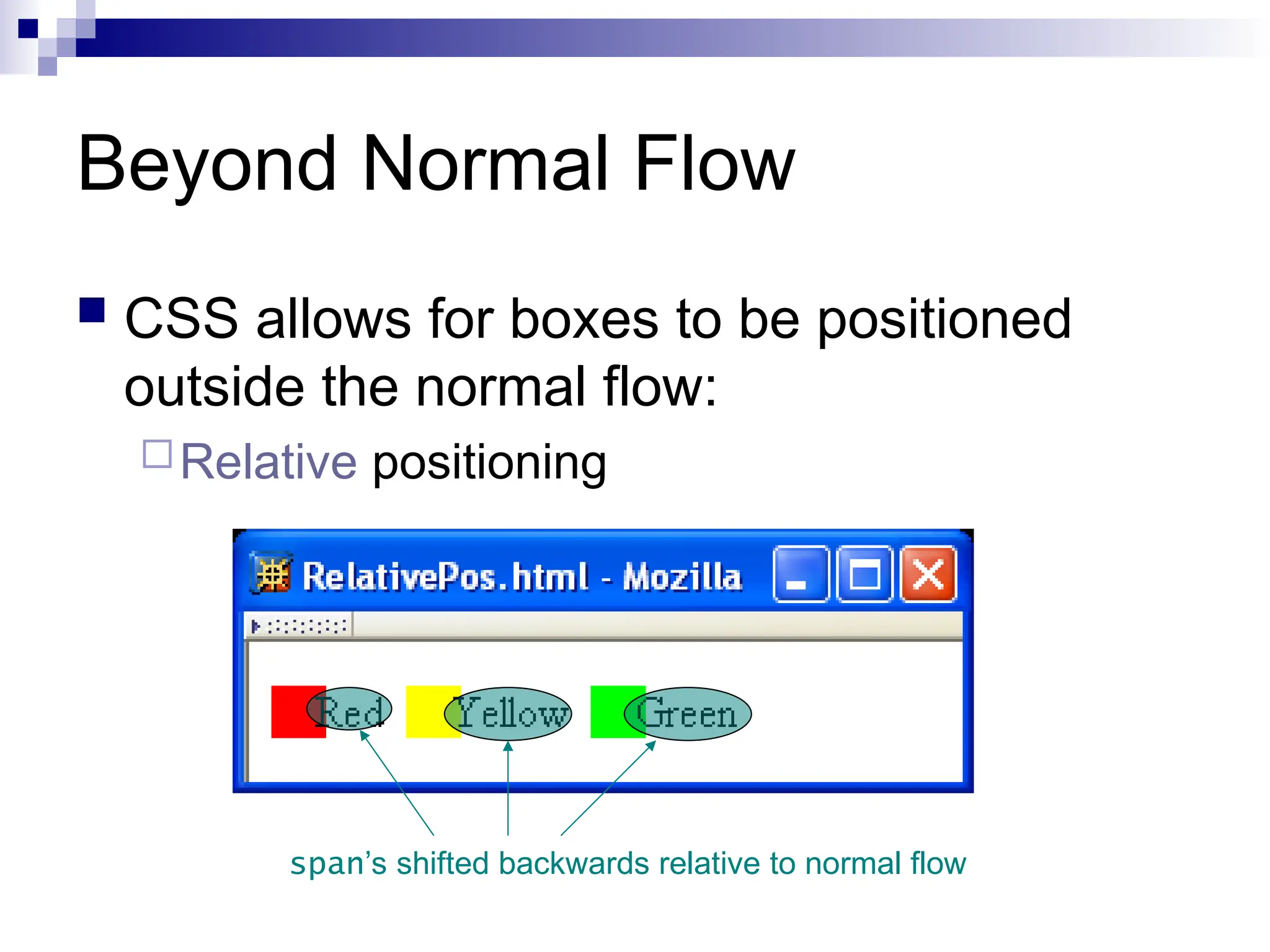 Beyond Normal Flow  CSS allows for boxes to be positioned outside the normal flow: Relative positioning span’s shifted backwards relative to normal flow 